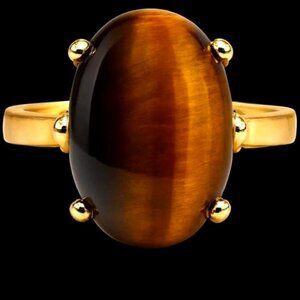 Vintage 1990s Tiger's Eye Cabochon Ring 18K Gold Electroplate Designer Signed